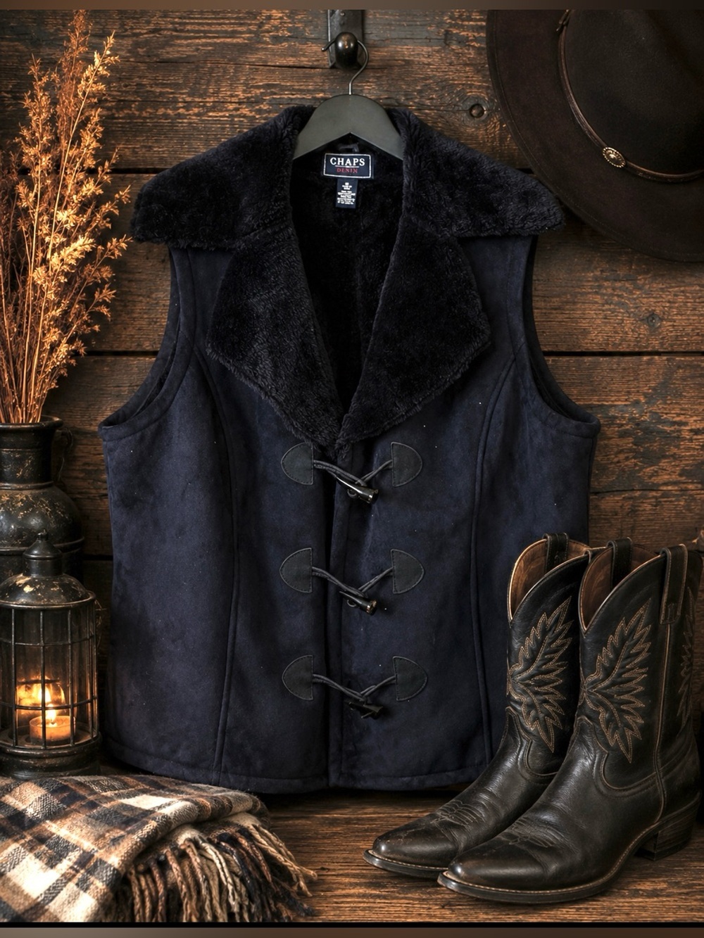 Chaps Denim - Black Suede Feel, Faux Fur Collar Vest/XL/NWOT